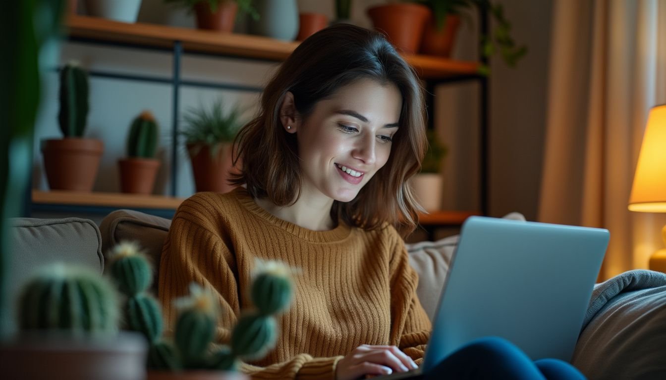 A woman in her 30s browsing cactus plants on a laptop.