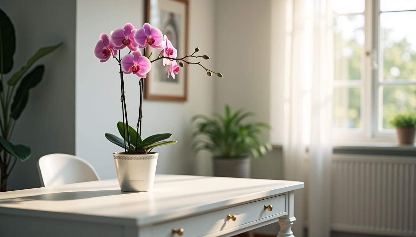 A simple, inviting home office with a white desk and orchid.