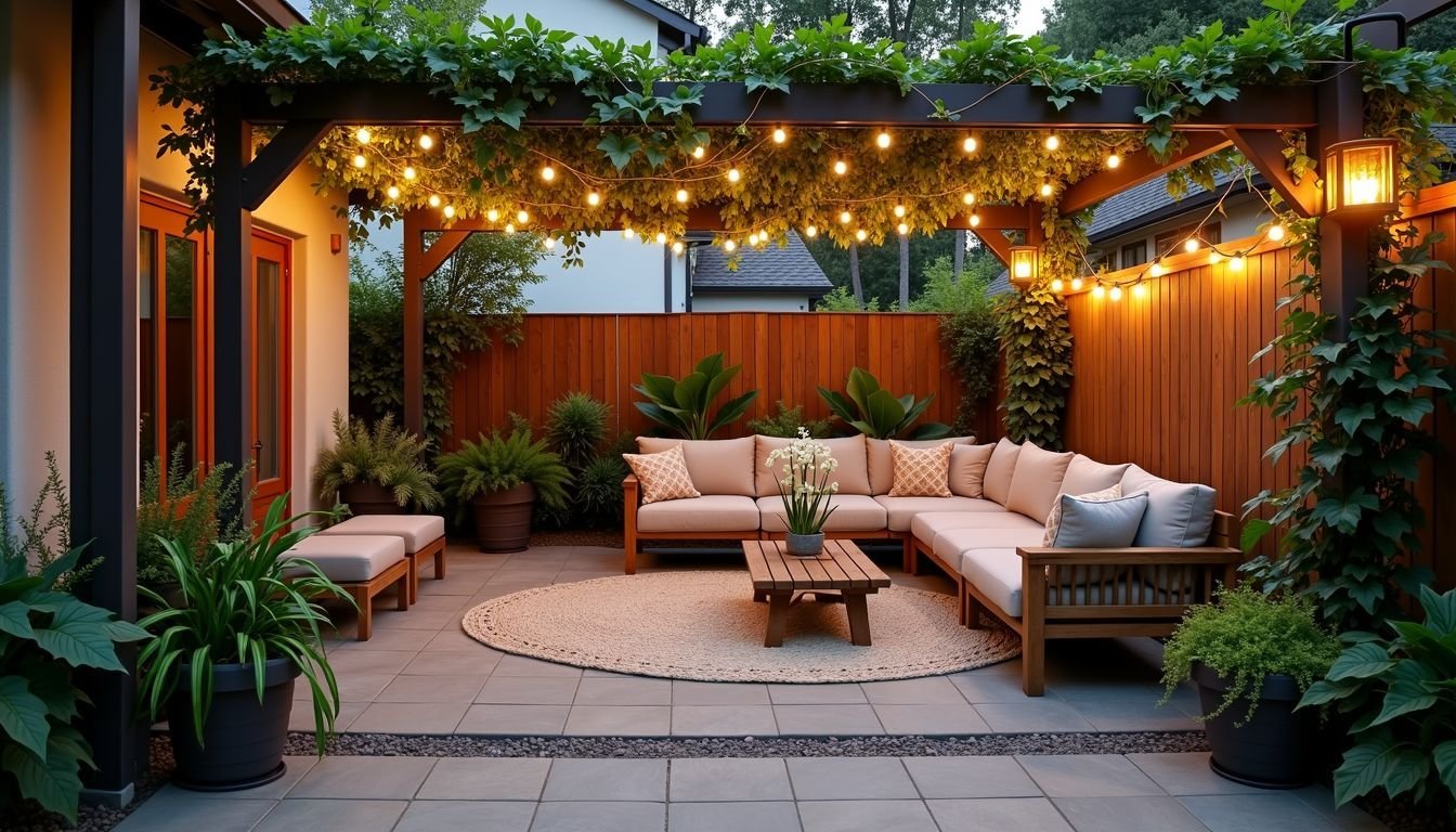 A tranquil backyard with seating area and green vines.