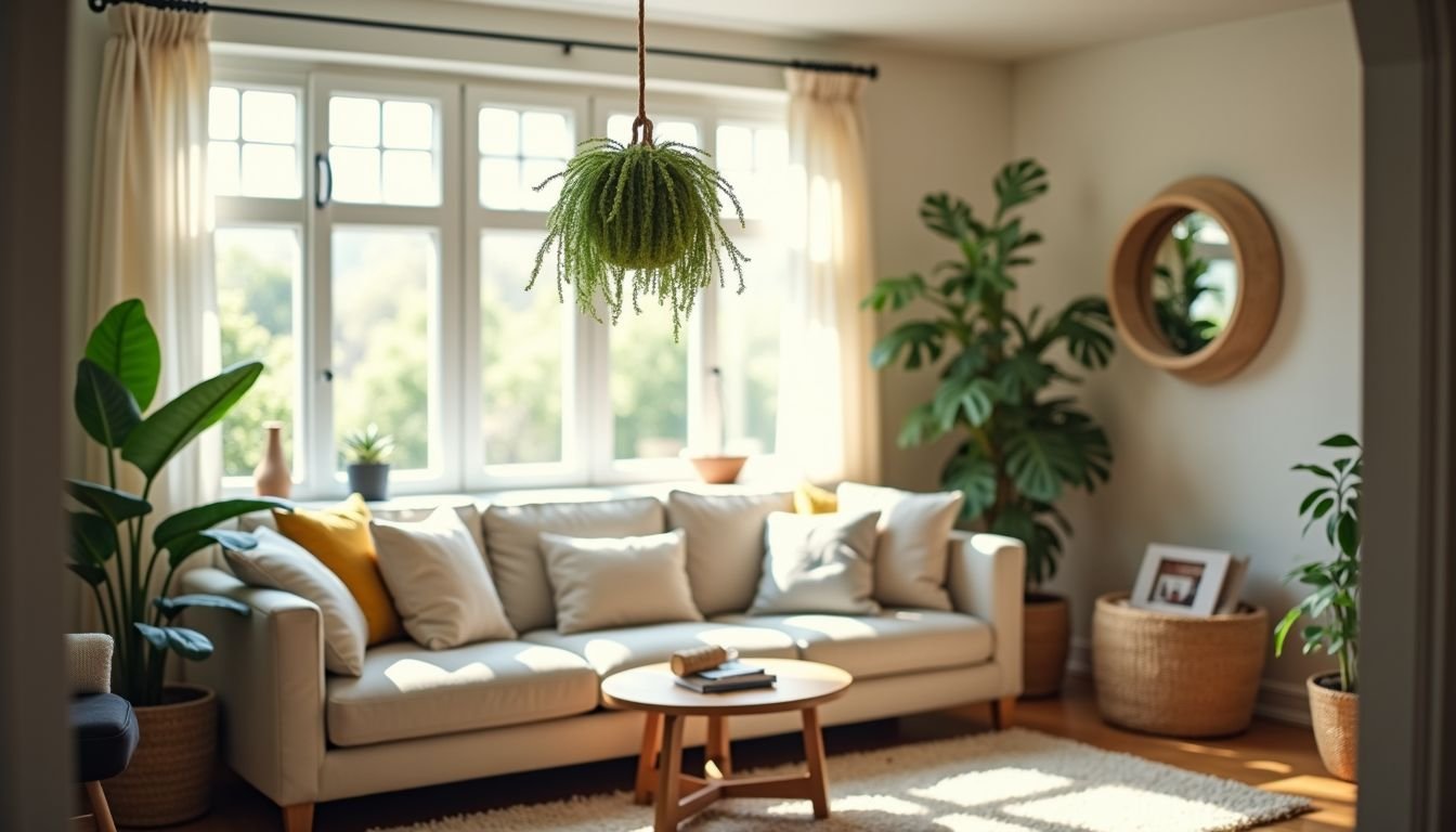 A cozy living room with natural light and a hanging fake plant.