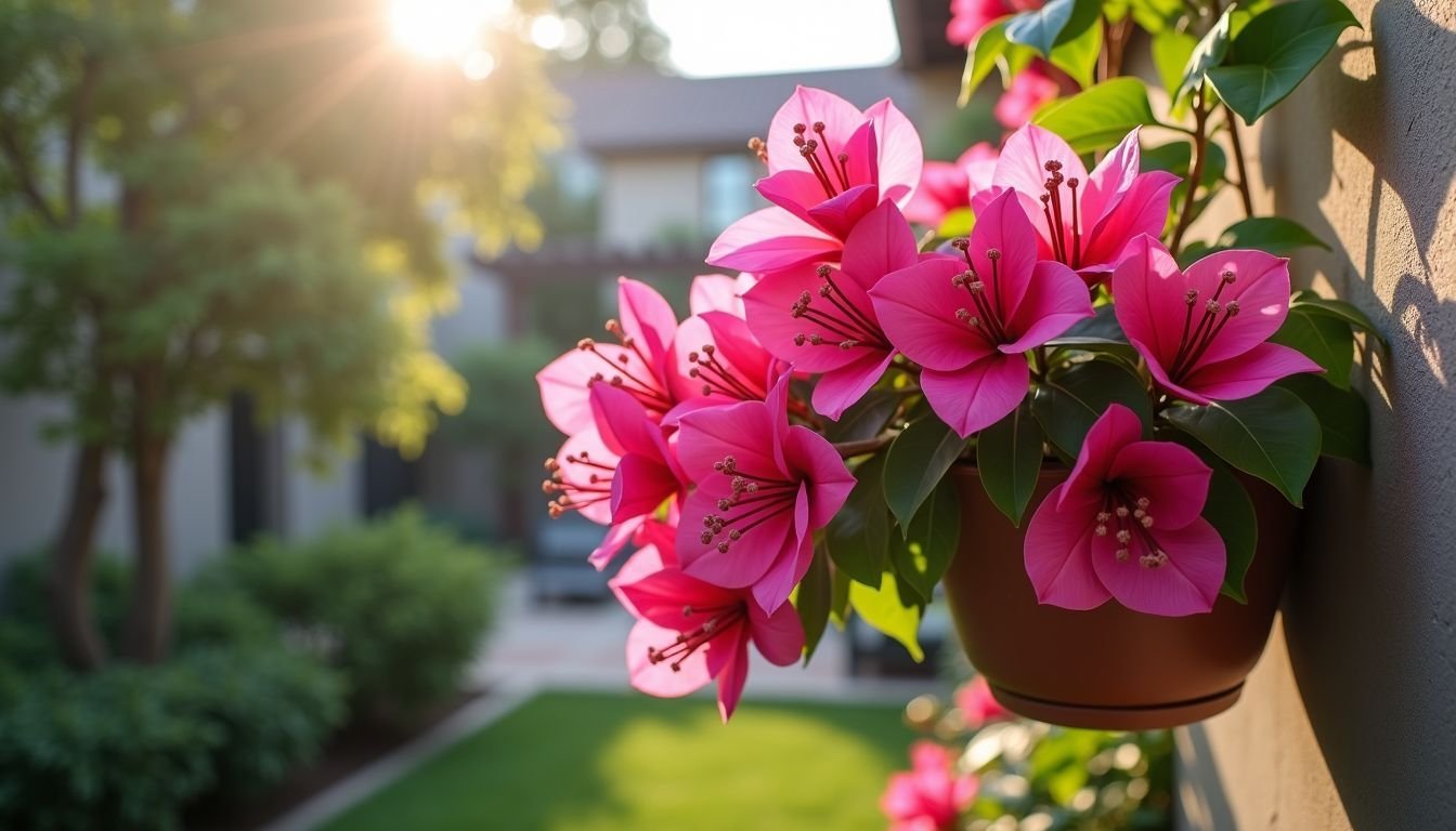 A fake pink bougainvillea bush hangs in a garden.