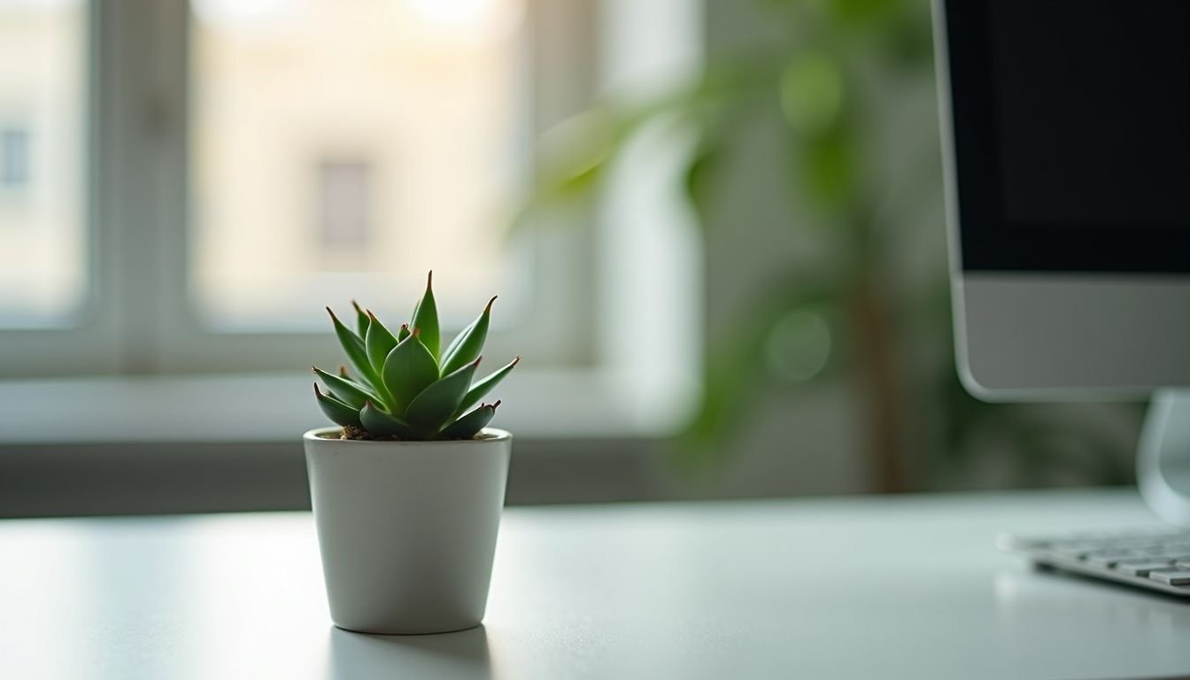 A small succulent brightens a clean office desk in natural light.