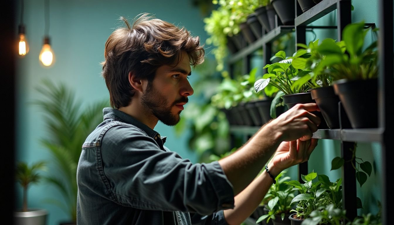 A person in their 30s arranging potted plants on a green wall.