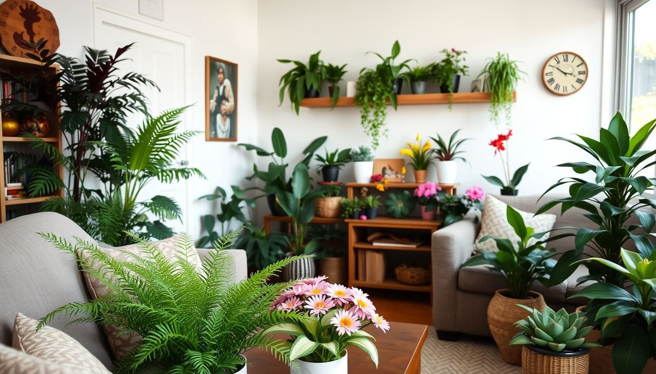 The cozy living room is adorned with lifelike faux plants from Adairs.