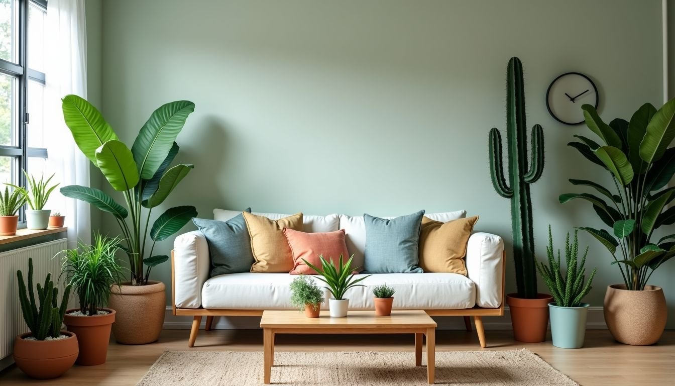 An Australian living room filled with various artificial cacti for a trendy, low-maintenance green oasis feel.