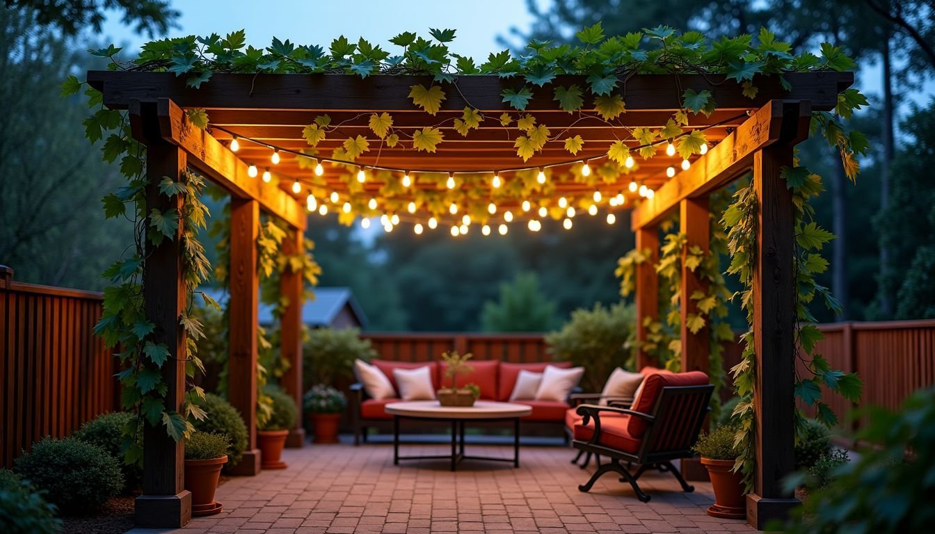 A backyard pergola adorned with artificial grape vines and string lights.