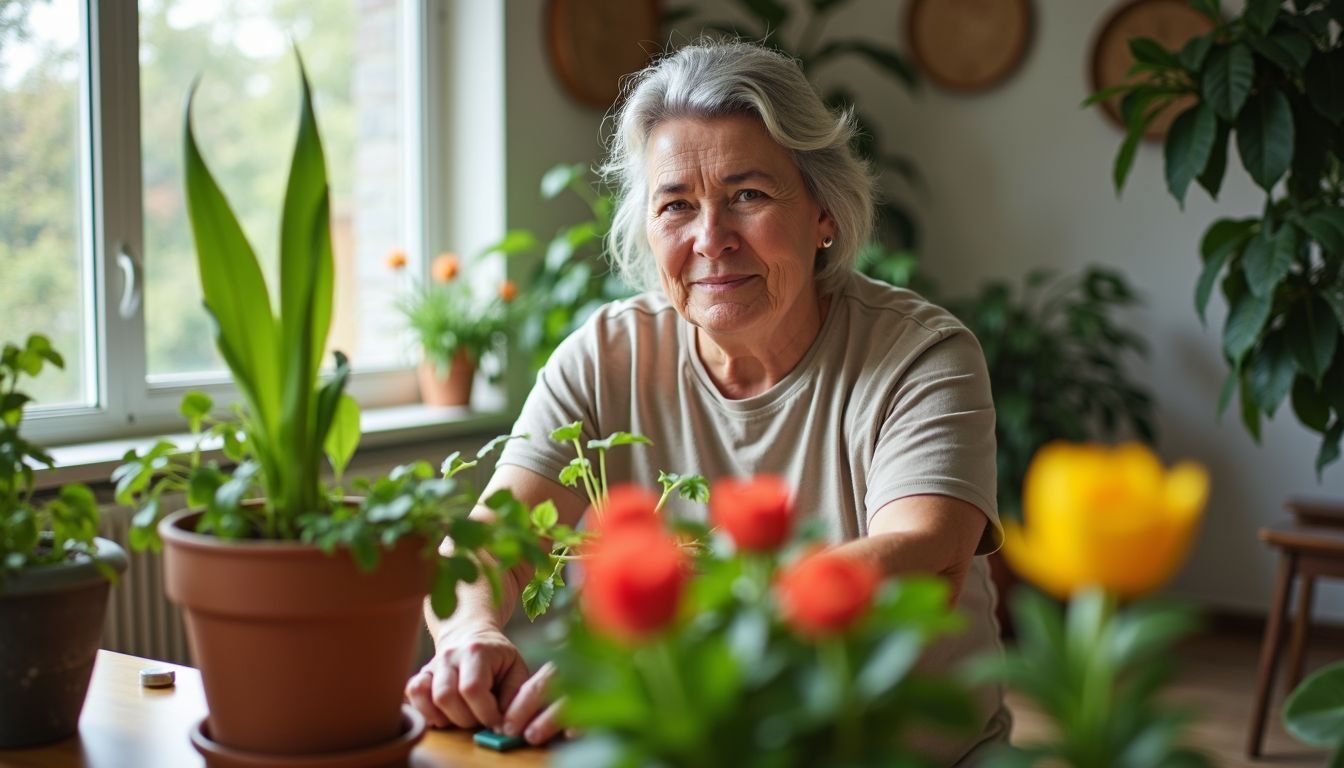 A woman arranges artificial plants in a sunny living room.