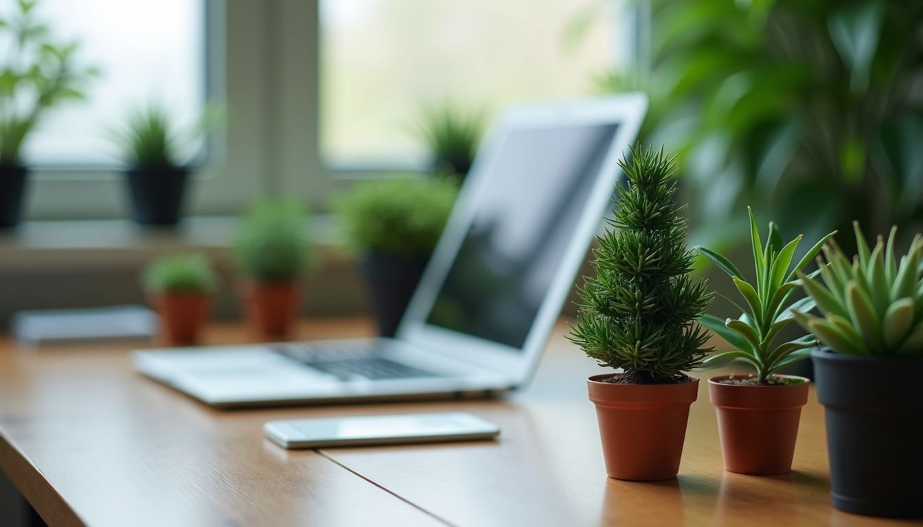 A modern office desk decorated with popular artificial plants.