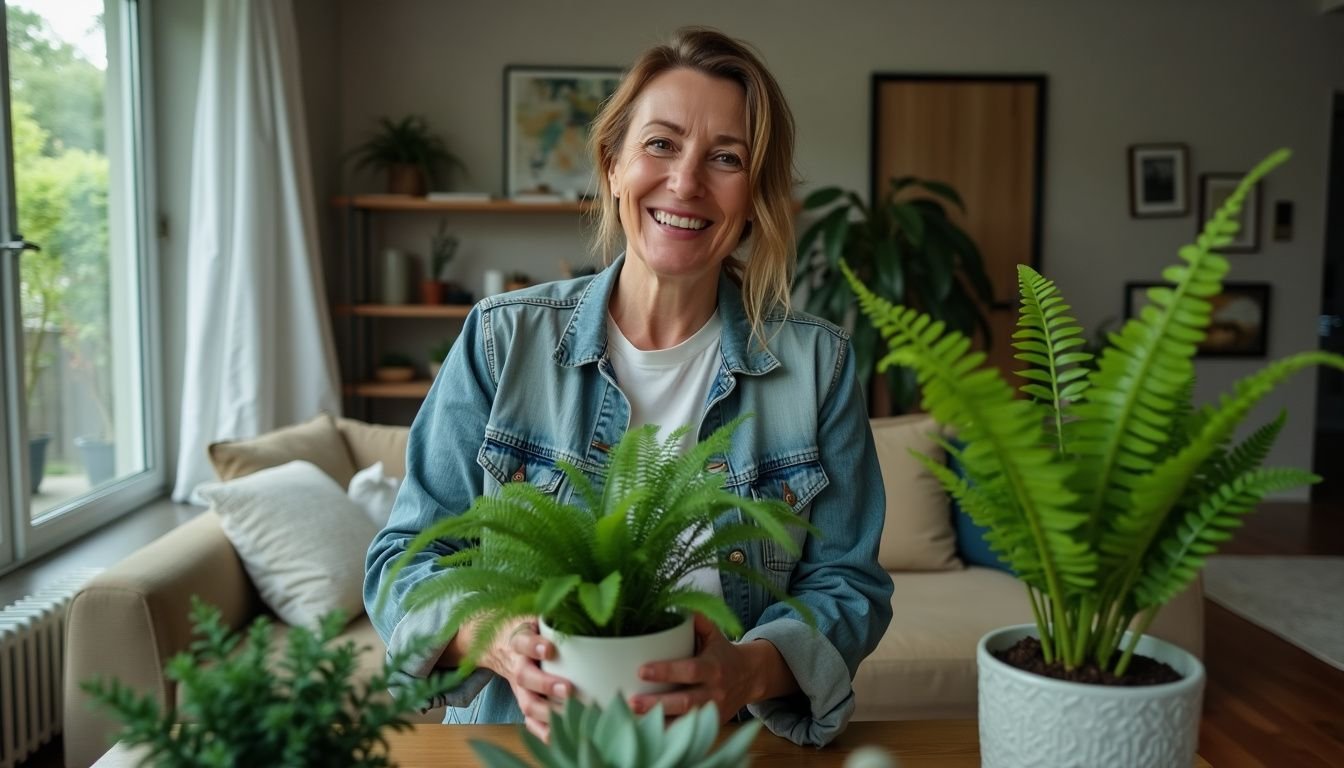 A woman happily arranging artificial plants in a modern living room.