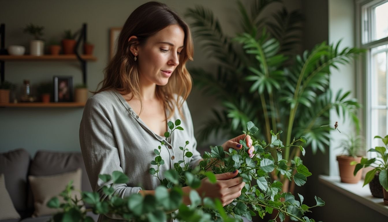 A woman arranging artificial vines for home decor.