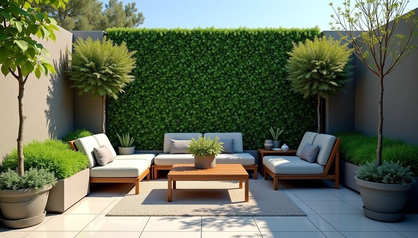 The photo features a range of artificial plant tiles in an outdoor setting.