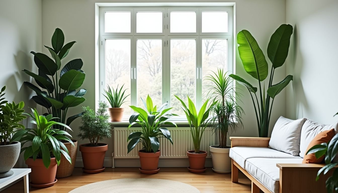 A variety of artificial indoor plants brighten up a living room.