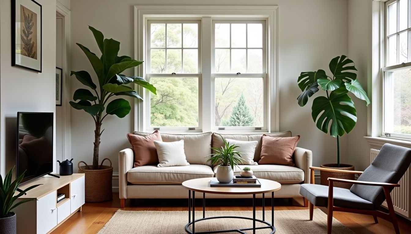 A cozy Sydney living room with popular faux plants for greenery.