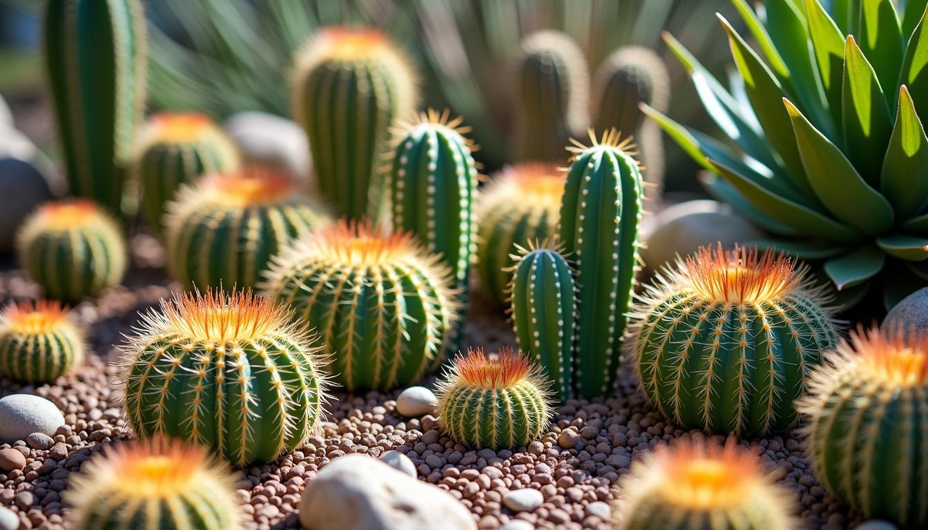 A garden with lifelike faux cactus plants among native flora.