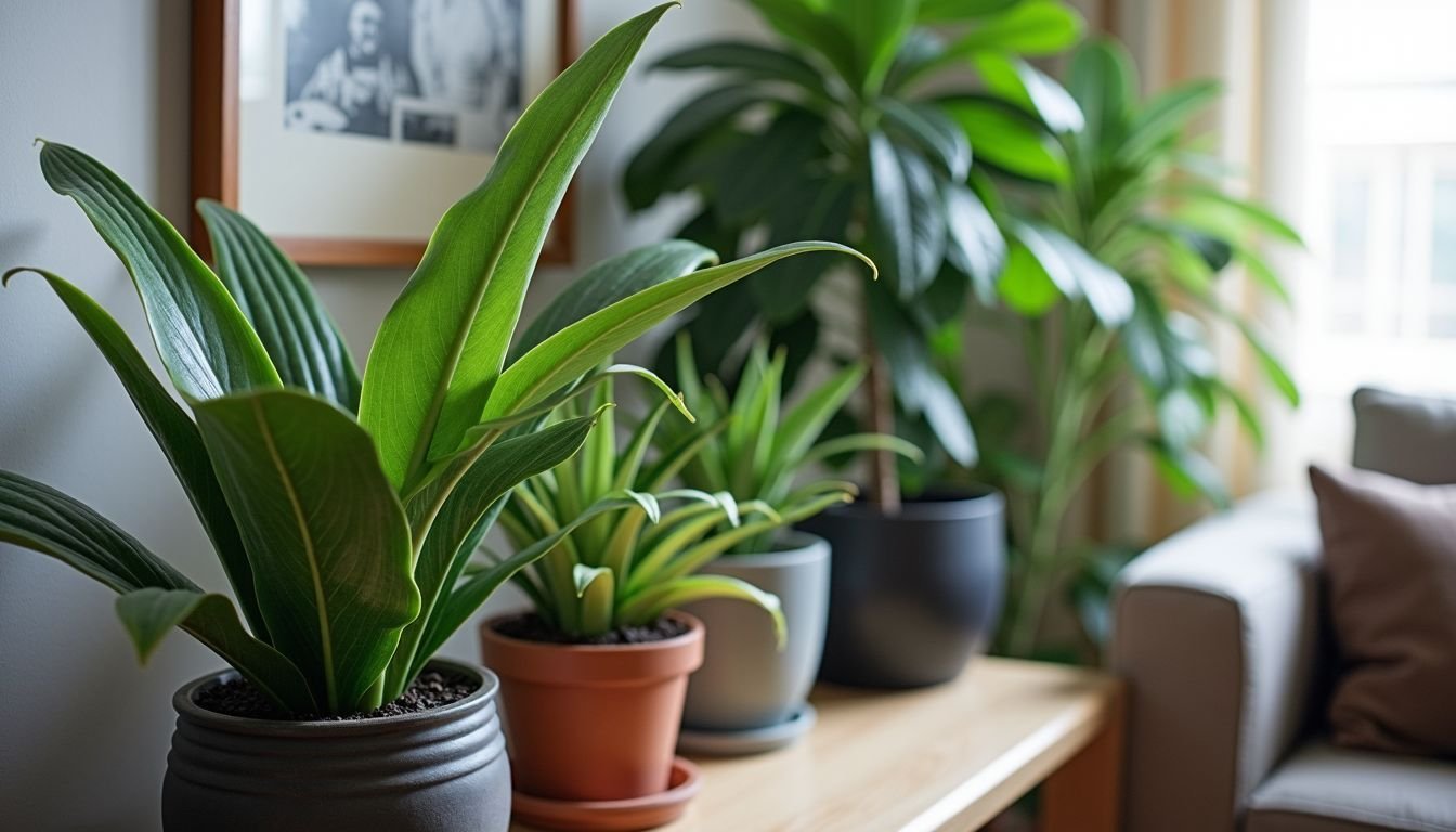 A cozy living room corner with lifelike faux plants.