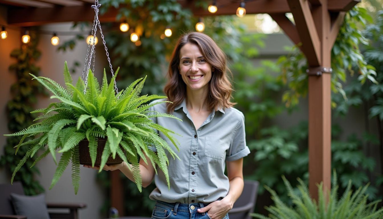 A woman in her 30s hangs plants in a cozy backyard garden.