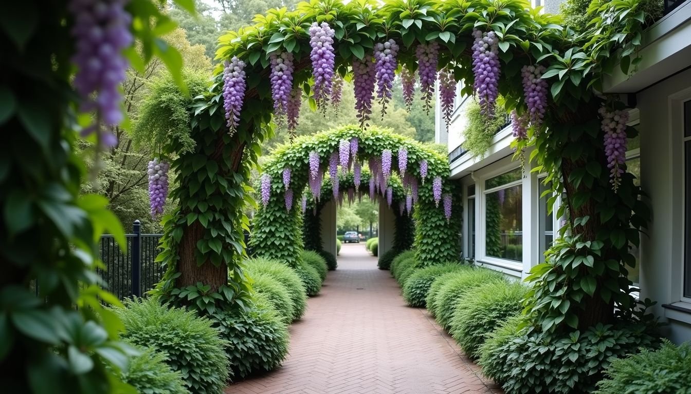 A garden with artificial Ivy, Eucalyptus, and Wisteria vines in bloom.