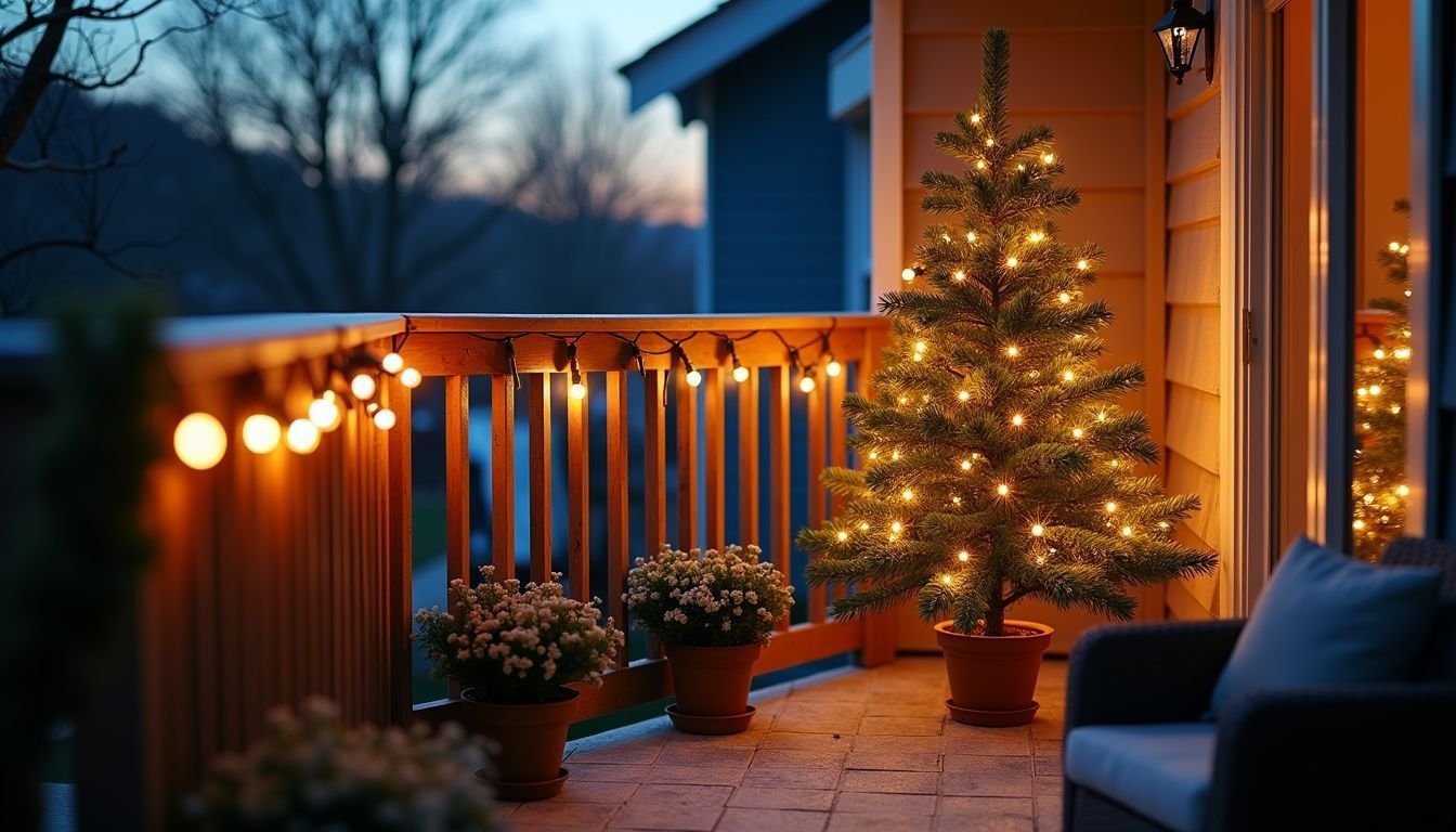 A festive outdoor balcony at dusk with warm LED lights.