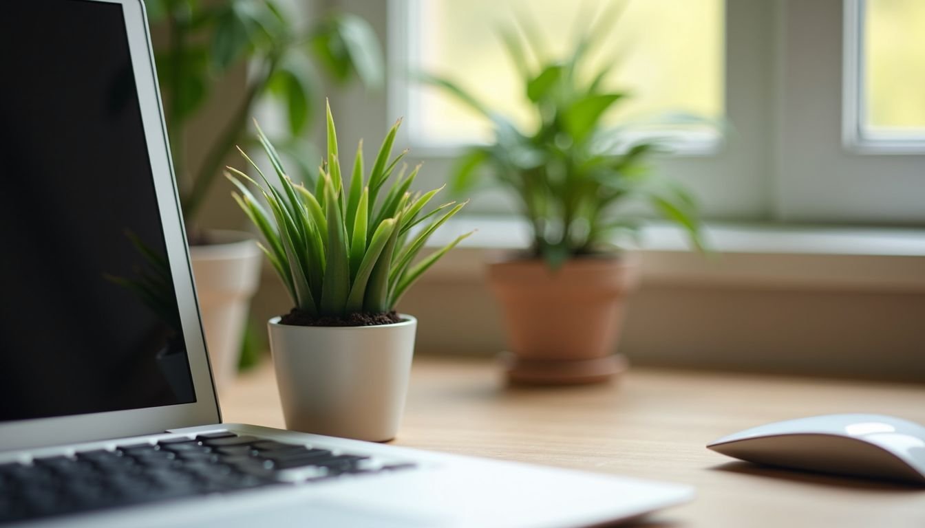 A cozy office desk with a realistic mini potted fake plant.