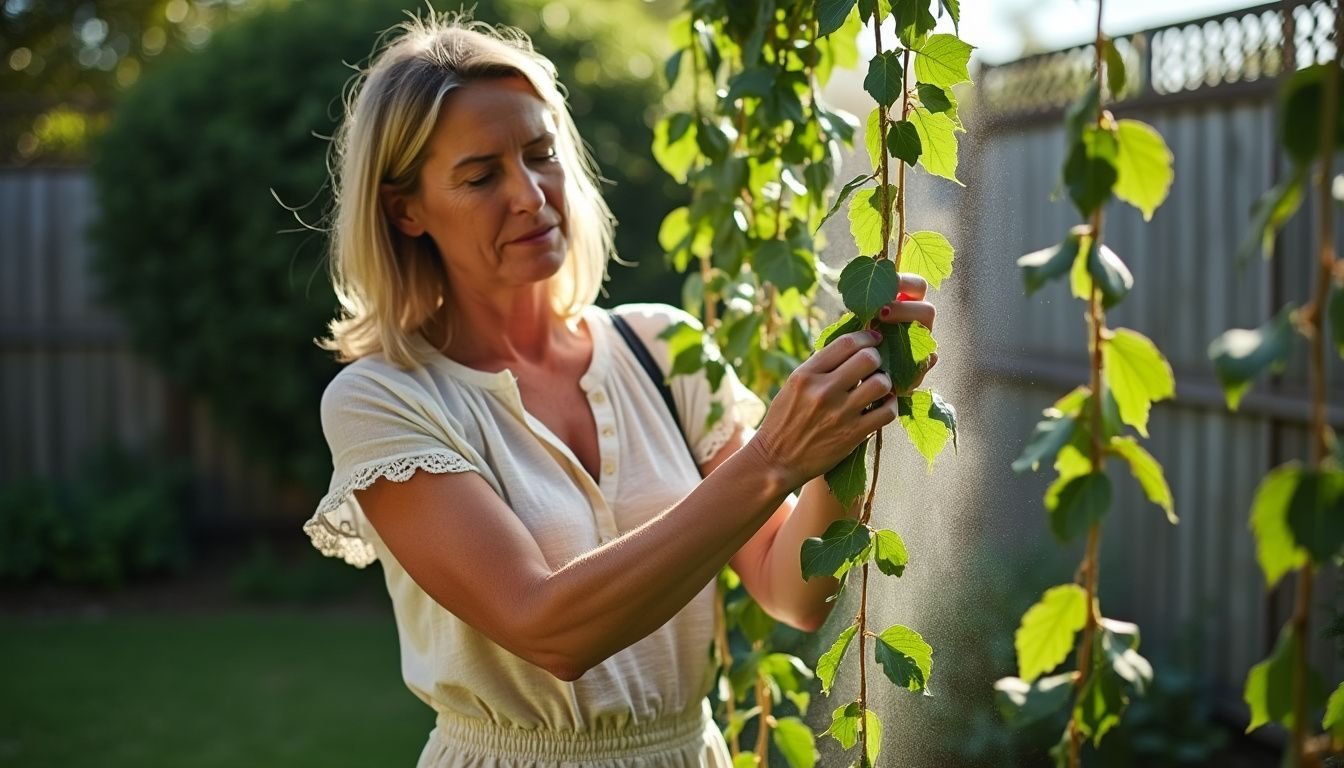 A woman is casually dusting artificial ivy garlands in her backyard.