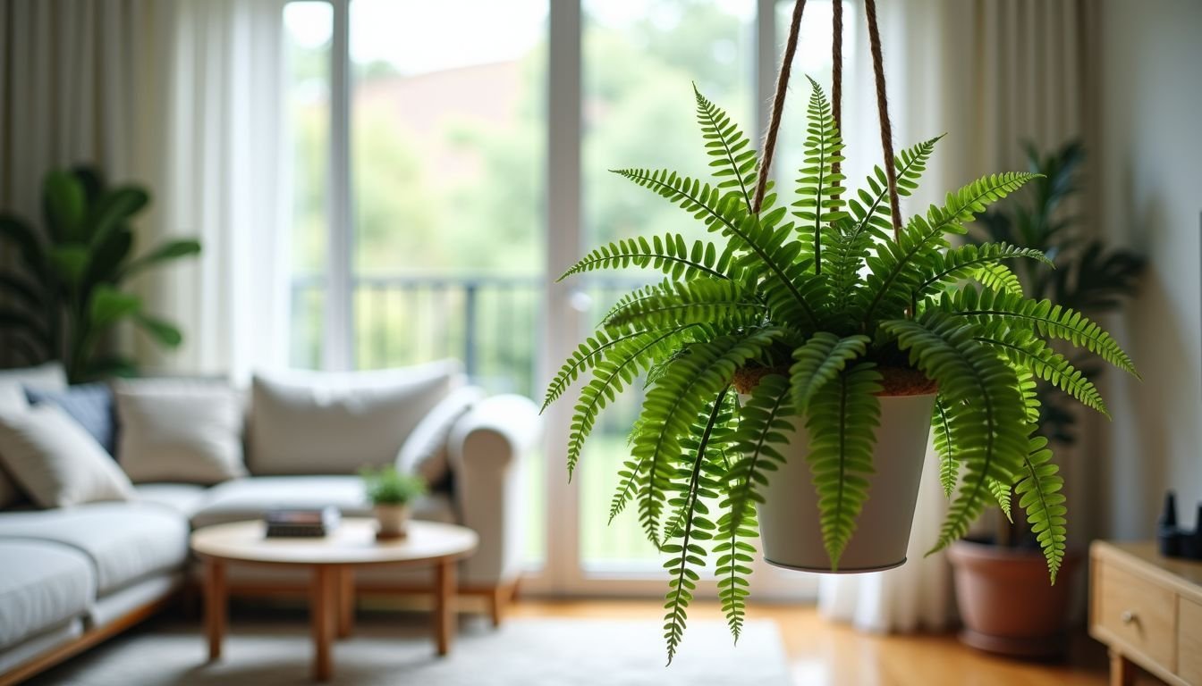 A 1-meter Baker Fern Vine hangs in a modern living room.