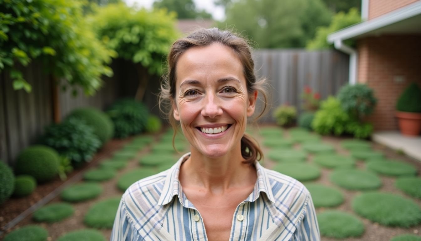 A proud woman in her backyard, showing off her successful home transformation.