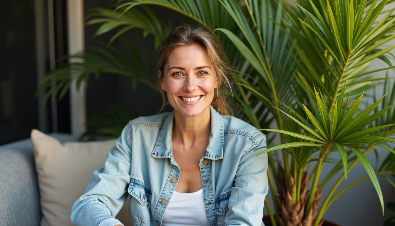 A woman sits next to an artificial palm tree in Australia.