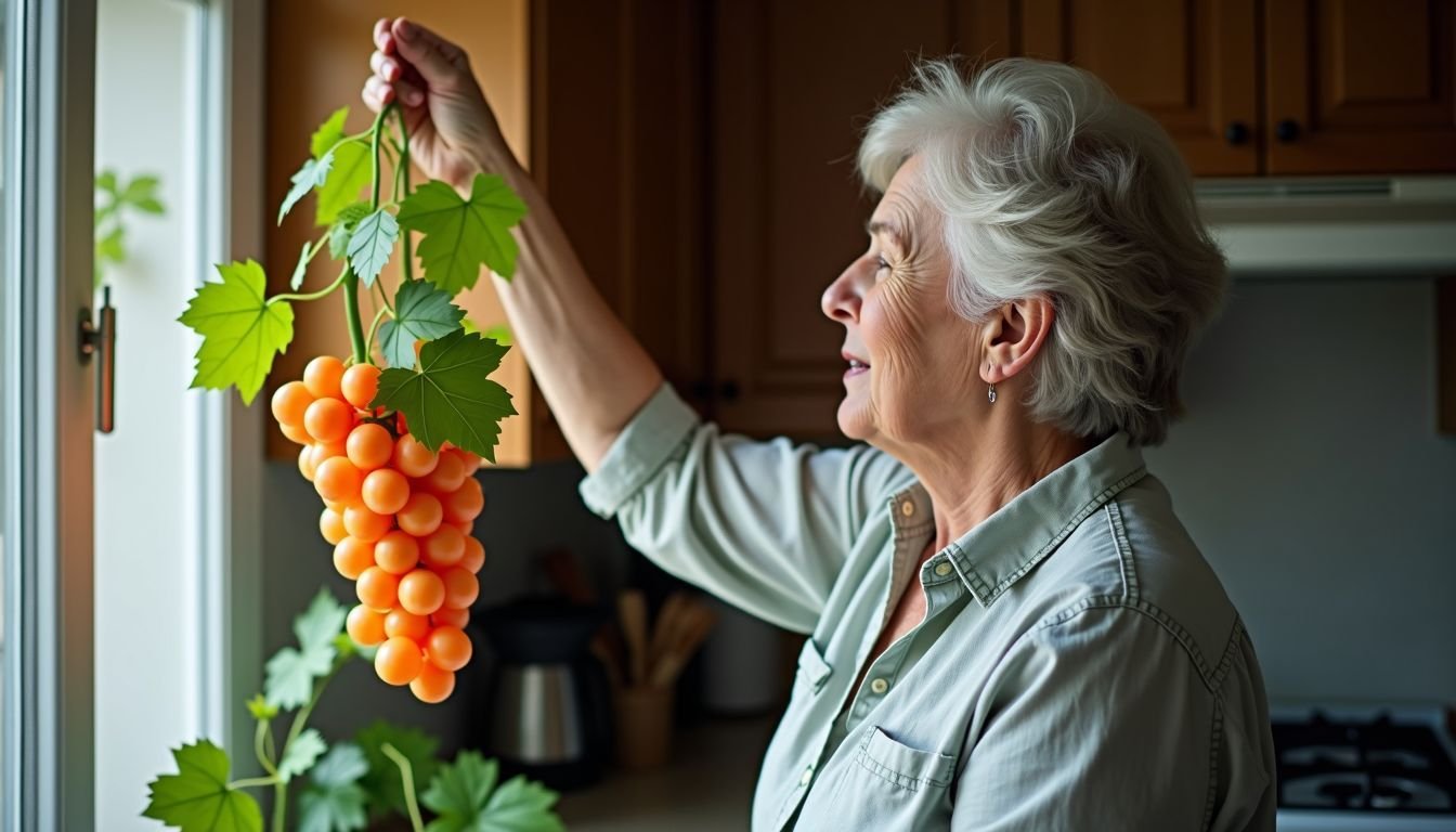 An older woman hangs an artificial grape vine bunch in her kitchen window.