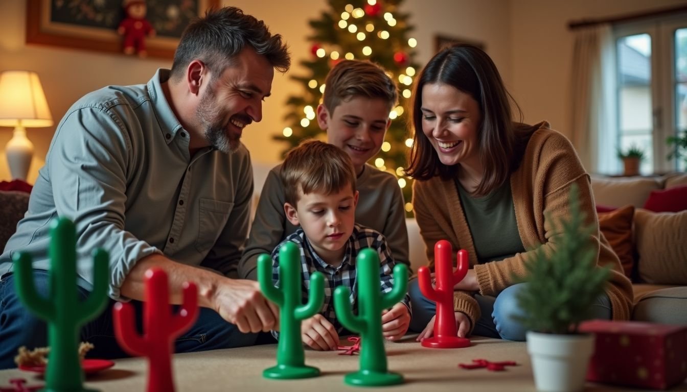 A family decorates their living room for Christmas with traditional and modern elements.