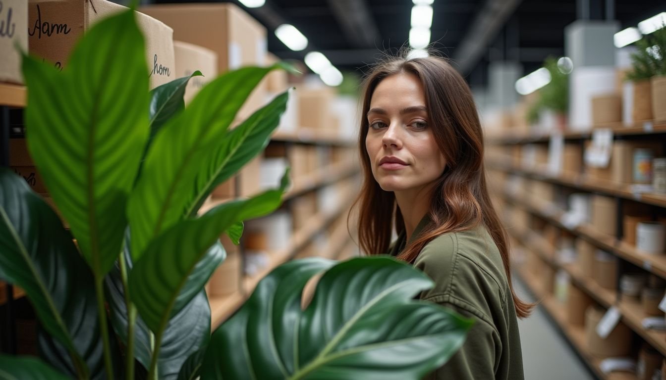 A woman in her 30s is shopping for a large fake indoor plant.