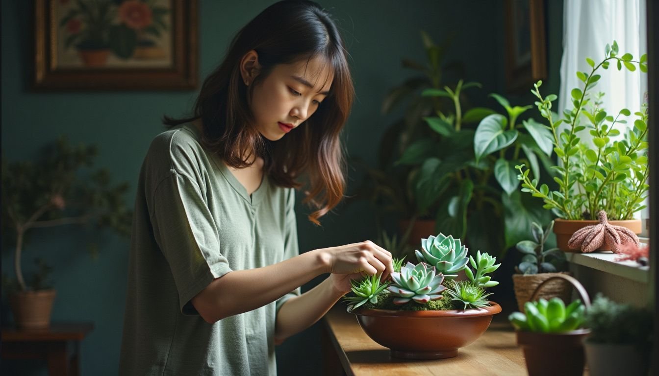 A person chooses artificial succulents for a natural-looking arrangement in a dimly lit room.