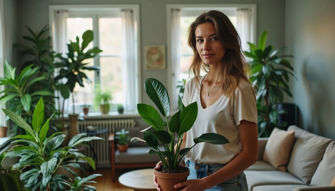 A person in their 30s choosing plants for modern living room.