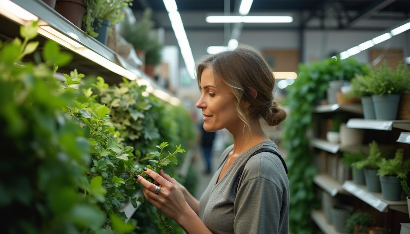 A woman browsing faux vines in a home decor store.