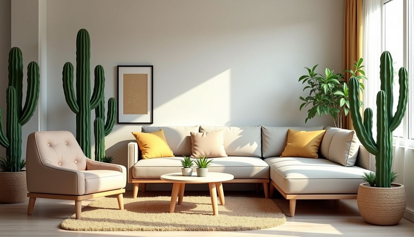 A modern living room with artificial cactus garden, contemporary furniture.