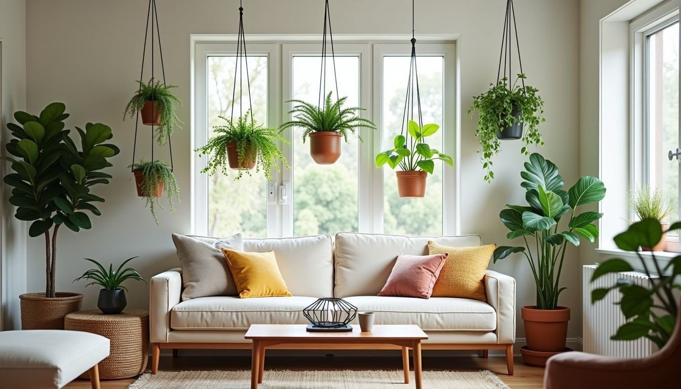 A casual Australian living room with artificial hanging plants for indoor garden.