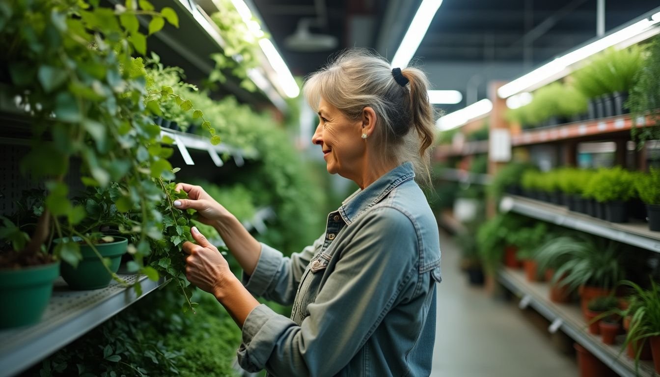 A woman in a garden center examining artificial vines and plants.