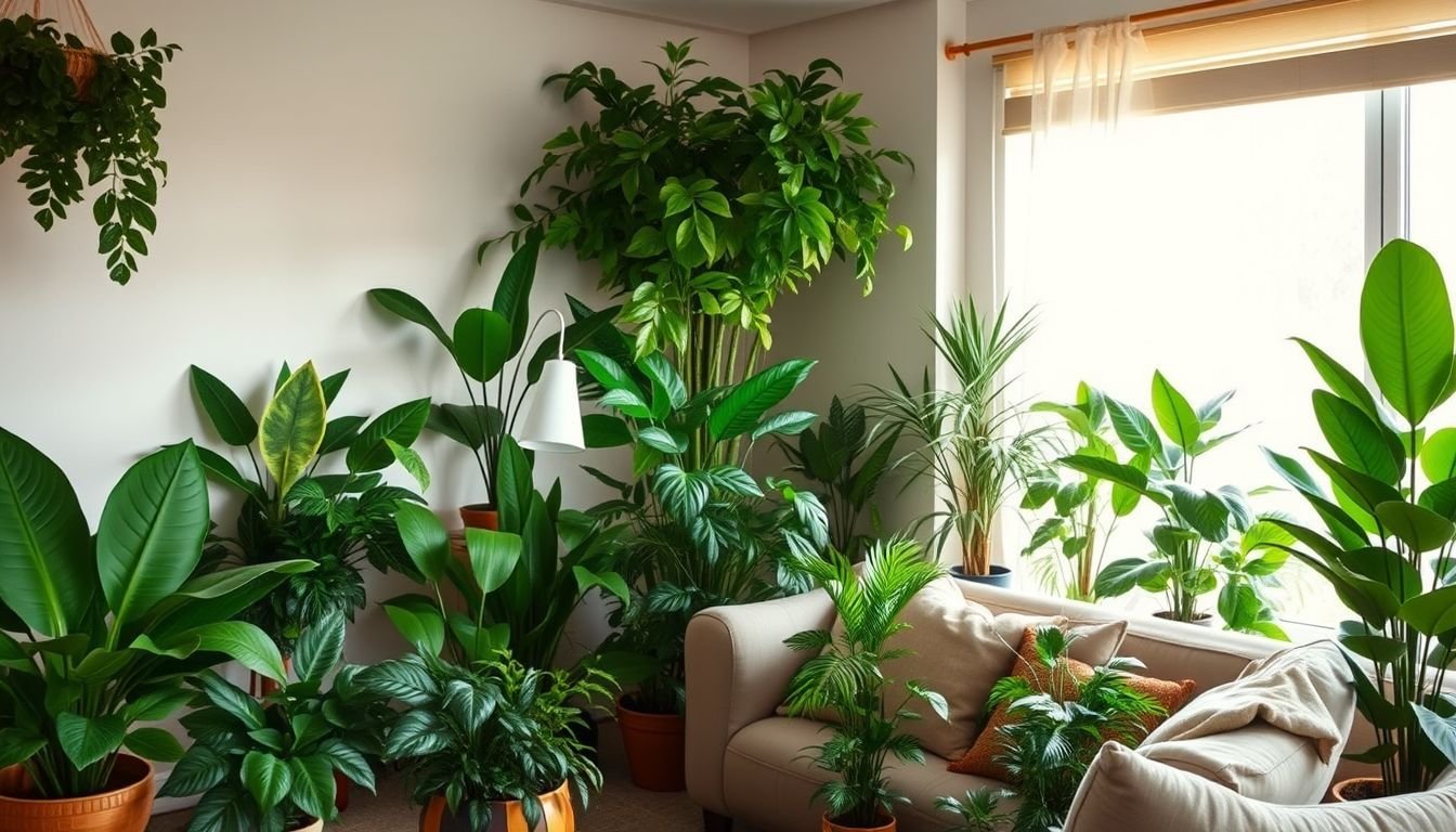 A cozy living room with an assortment of artificial plants.