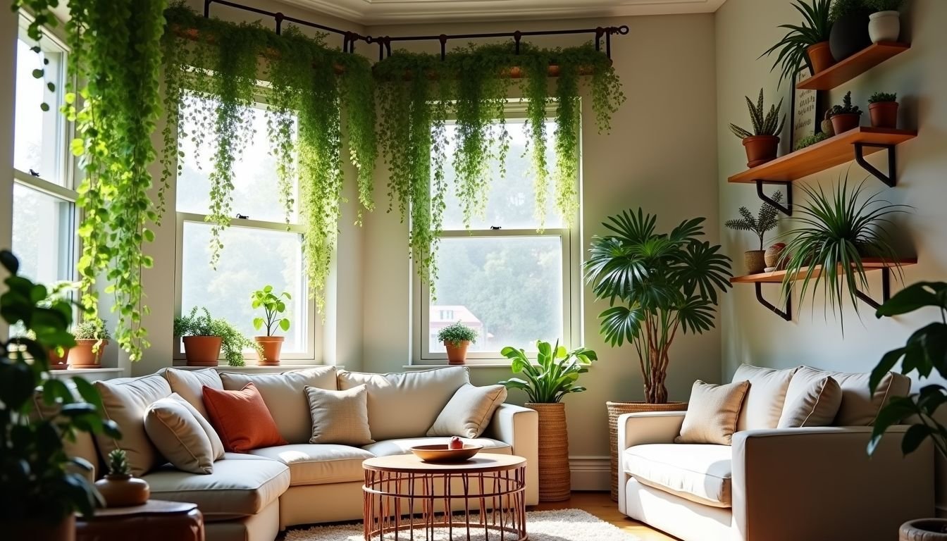 A cozy living room with artificial vines and warm natural light.