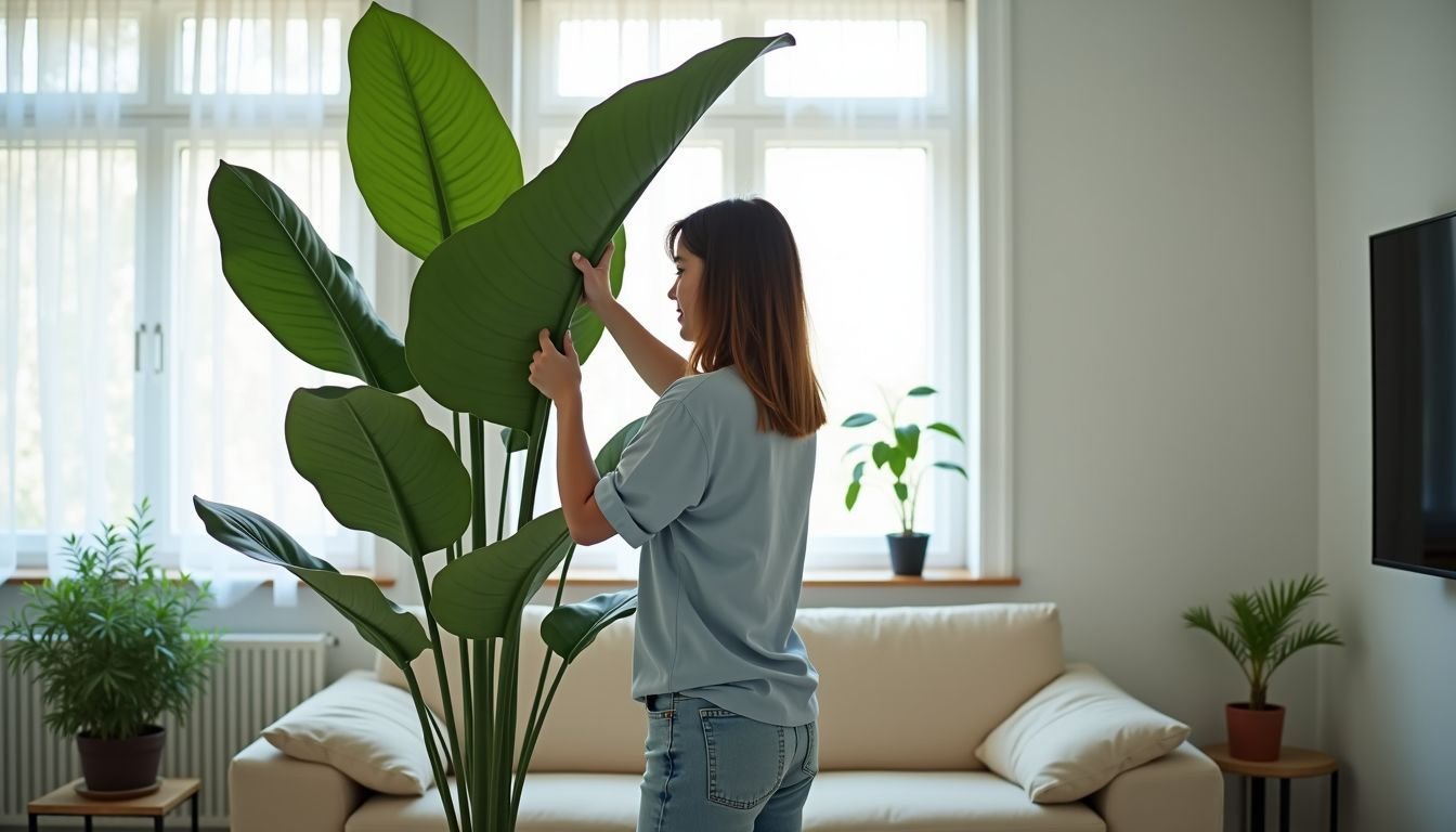 A person measures a large artificial plant in a modern living room.