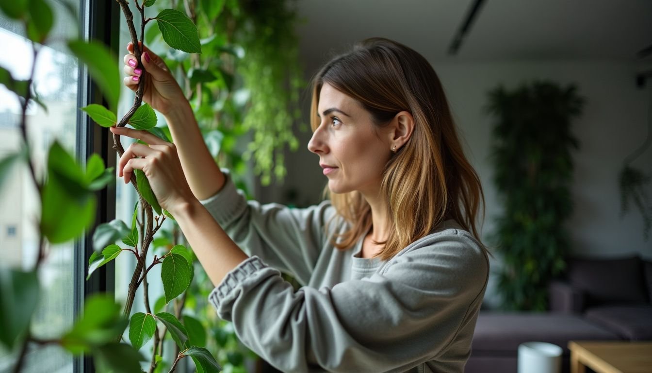 A woman in her 30s arranging artificial vines in her living room.