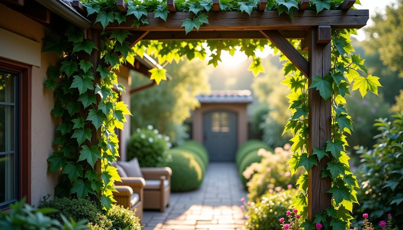 A backyard pergola covered in artificial ivy creates a cozy atmosphere.