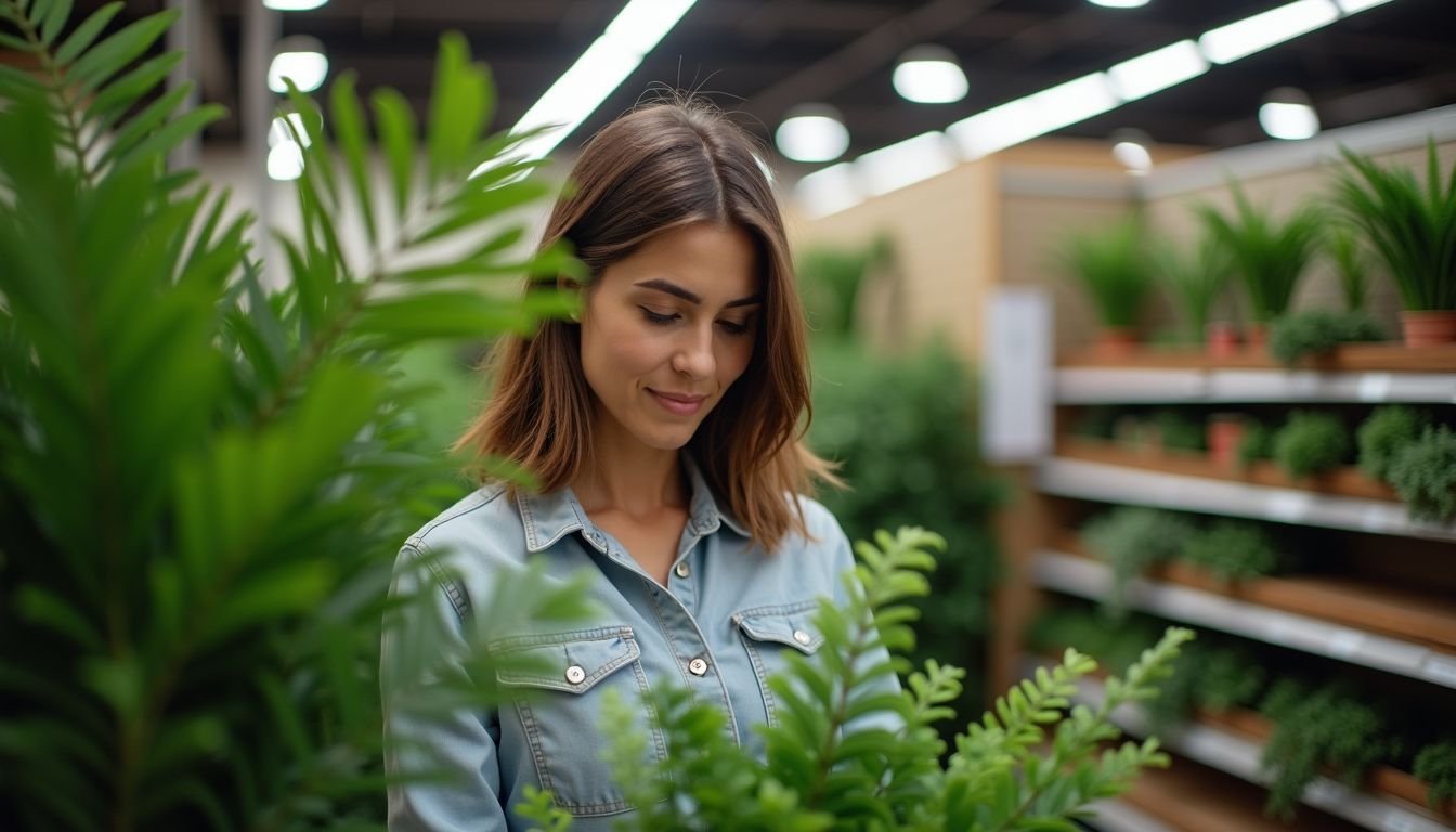 A woman in her 30s shopping for faux plants at Myer.