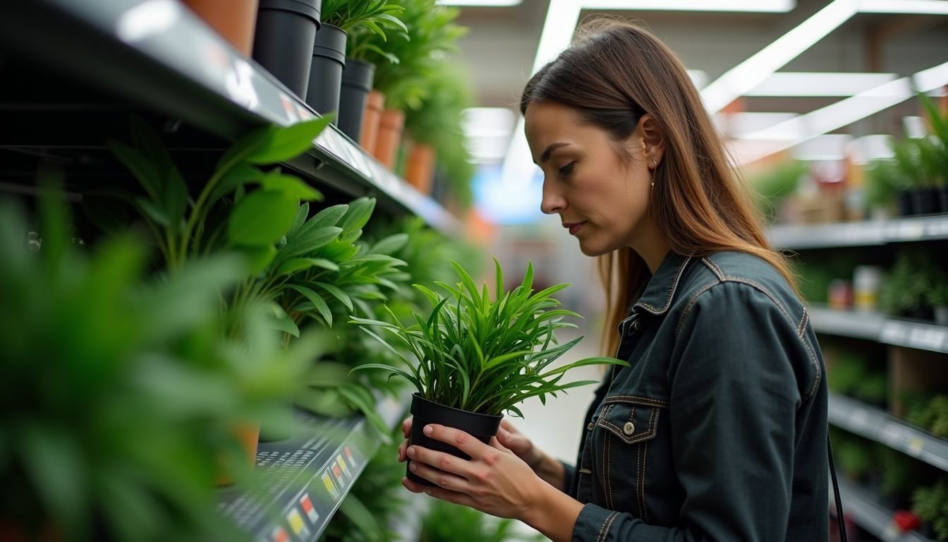 A woman is comparing artificial plants in Big W.