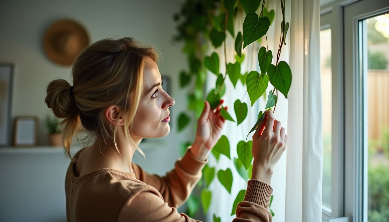 A woman in her 30s decorates her modern living room with green silk ivy vines.