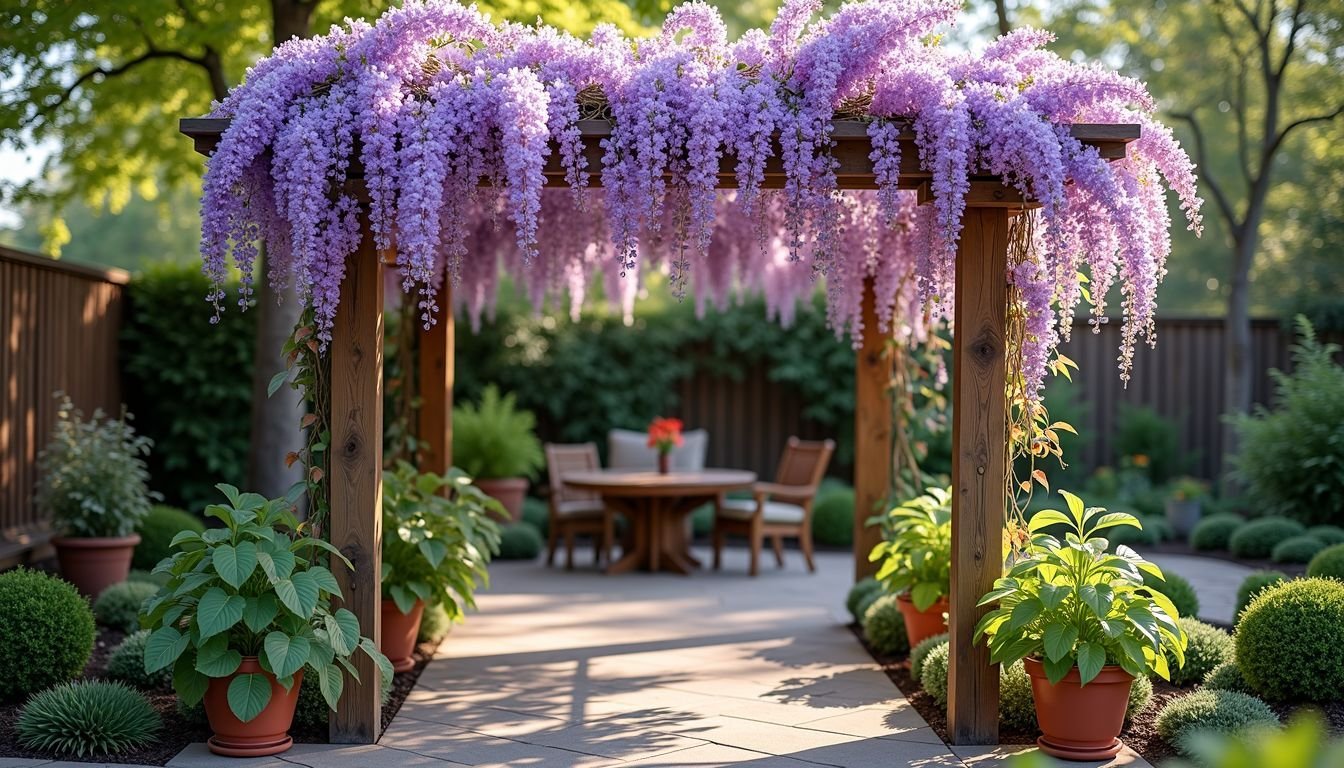 A backyard garden with a pergola and potted plants.