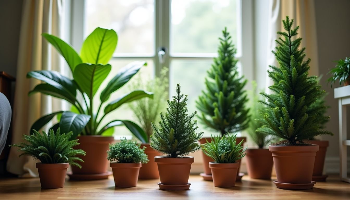 A variety of faux plants arranged in a cozy home setting.