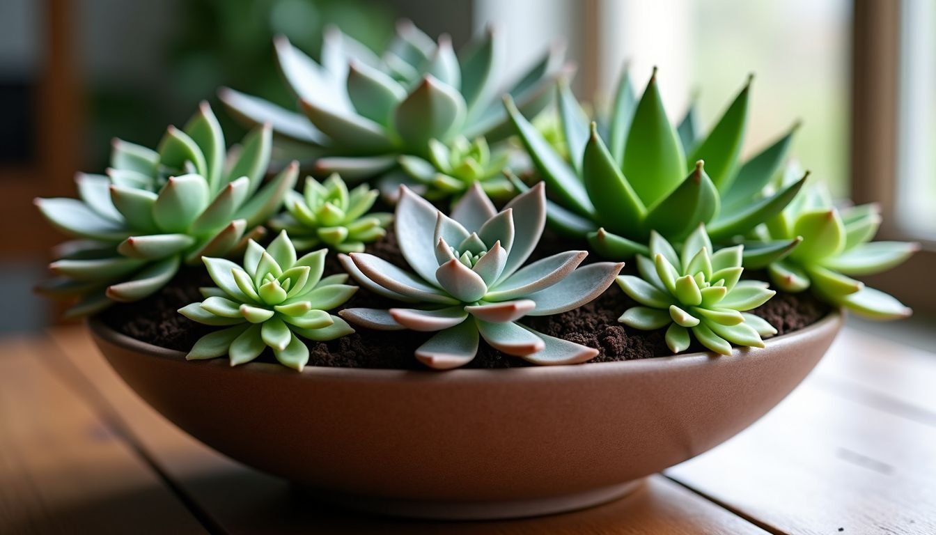 A 20 cm wide faux succulent bowl arrangement featuring various artificial plants.