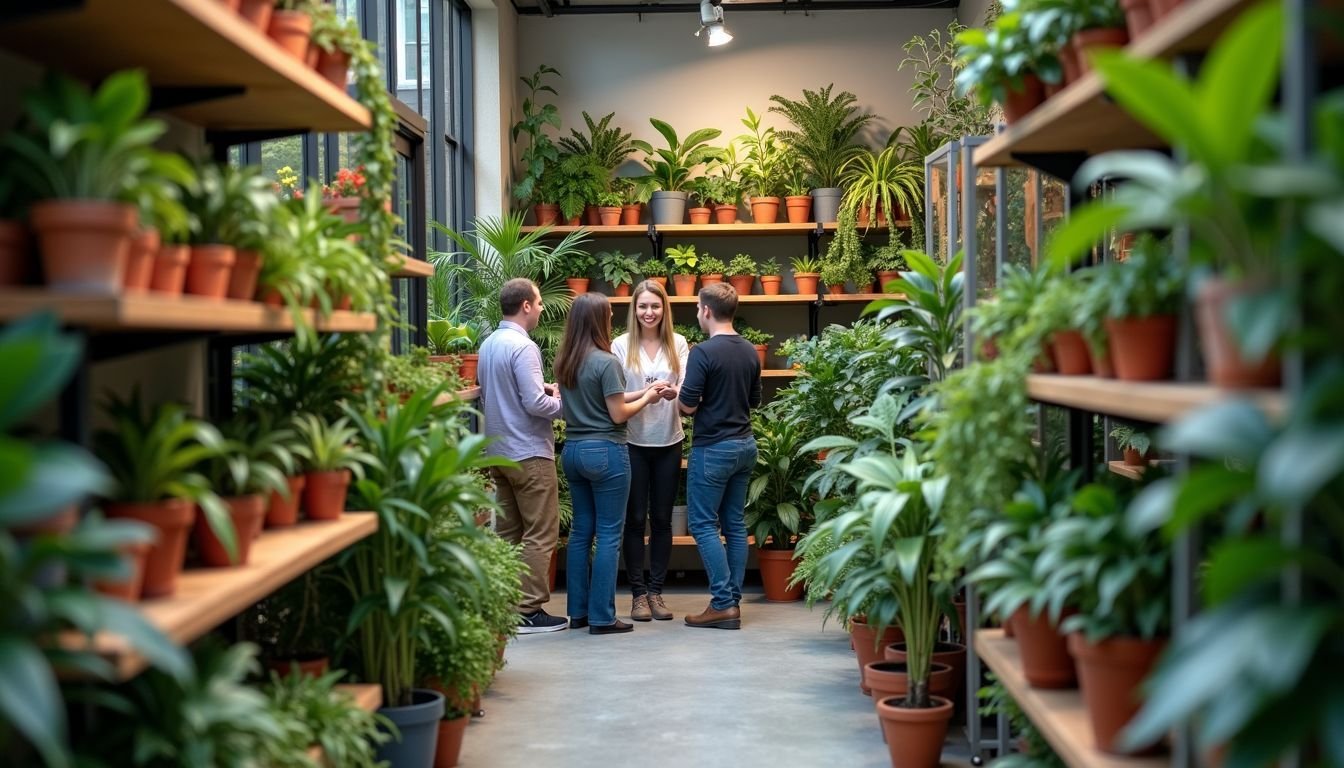 A specialty artificial plant shop with friendly staff assisting customers.