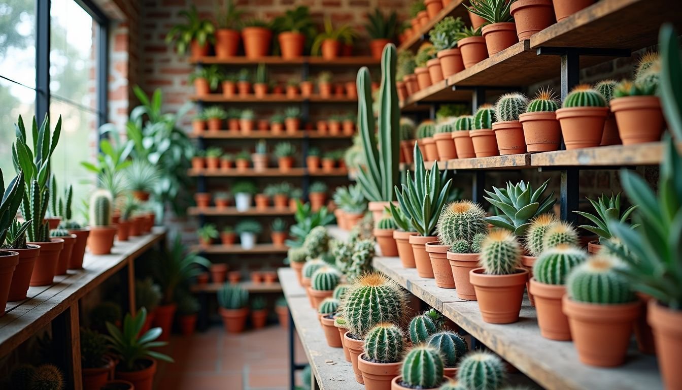 A cozy cactus and succulent store with colorful pots.