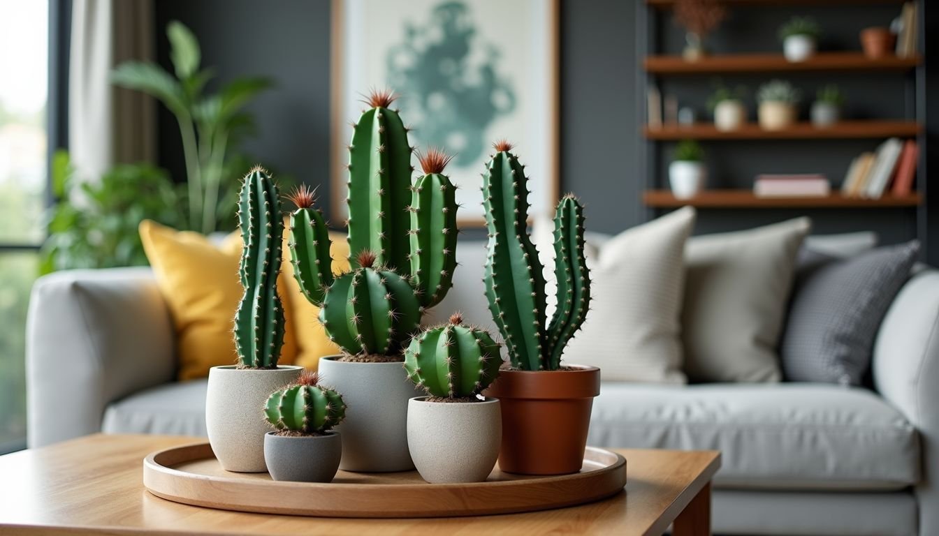 A modern living room with faux cacti creates a cozy atmosphere.